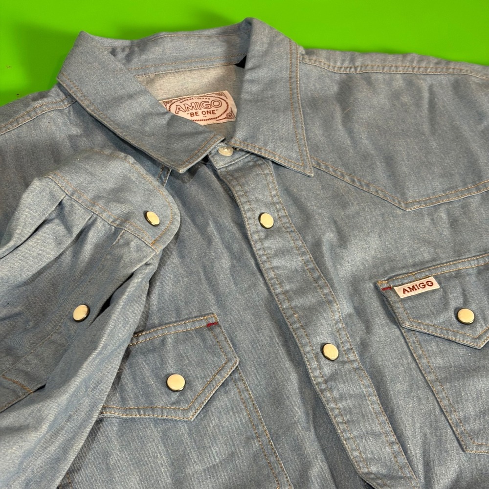 Amigo Western Pearl Snap Shirt Mens XL Light Blue Denim L/S Cowboy Rodeo Ranch